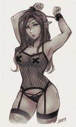 1girls elf female female_only fishnet_top fishnets garter_belt iahfy looking_at_viewer monochrome panties pasties solo thighhighs x_pasties