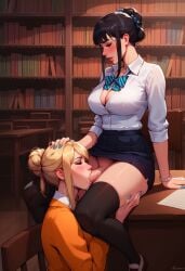 1futa ai_generated black_hair blonde_hair blowjob civitai cleavage dickgirl fellatio futa_on_female futa_with_female futanari hair_bun large_breasts library miniskirt original penis revenge623 school_uniform self_upload skirt_lift