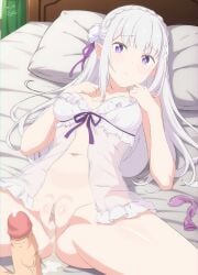 1boy absurdres after_sex babydoll bare_shoulders bow braid breasts bright_pupils condom cum cum_in_pussy elf emilia_(re:zero) female hair_bun hair_ornament highres lying medium_breasts navel penis pillow pointy_ears purple_bow purple_eyes pussy re:zero_kara_hajimeru_isekai_seikatsu removed_condom seasonanimes see-through_clothes solo_focus spread_legs straight white_hair white_pupils