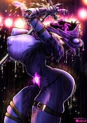 anthro bear big_ass big_breasts bluewolfartista breasts epic_games female fortnite hi_res huge_breasts humanoid latex legwear mammal miasmaaxel purple_fur purple_skin rain raining raven_team_leader solo thick_thighs thigh_highs wet_body wide_hips