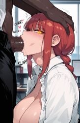 1boy1girl ai_generated blowjob chainsaw_man dark-skinned_male face_fucking glowing_eyes head_grab hearts irrumatio makima_(chainsaw_man) open_shirt red_hair saliva sole_female throat_bulge throat_fuck white_shirt yellow_eyes