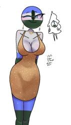 1girls blue_eyes cascadia_(countryhumans) cleavage countryhumans countryhumans_girl doodle dress eyebrows eyelashes female female_only girl green_body green_skin no_humans no_pants no_visible_genitalia not_furry not_porn one_eye_closed request text yourmamainmybeed