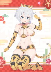 1girls 30_minutes_sisters bikini blue_eyes blush breasts female female_focus female_only joints kneeling light-skinned_female light_skin medium_breasts midriff navel rishetta_(30ms) short_hair solo subten thick_thighs thighs tiger_print tiger_tail white_hair year_of_the_tiger