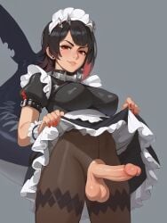 1futa ai_generated balls ballsack big_breasts big_penis cutout dark_hair ear_piercing ellen_joe erect_penis erection frills front_view futa_focus futa_only futanari headband headwear lifting_skirt looking_at_viewer looking_down maid maid_apron maid_dress maid_headdress maid_outfit maid_uniform mostly_clothed pantyhose presenting_balls presenting_penis red_eyes shark_tail short_hair smile smiling smiling_at_viewer solo solo_focus solo_futa solo_futanari voluptumuse wristband wristwear zenless_zone_zero