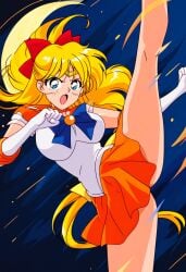 1girls ai_generated alluring bishoujo_senshi_sailor_moon blonde_hair blue_eyes hair_ribbon kick kicking leg_lift minako_aino panties pantyshot sailor_senshi_uniform sailor_venus skirt upskirt wolf_(artist)