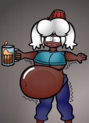 /ctt/ beer_belly console-tan dark_skin dark_skinned_female dizzy drunk exposed_belly female gigantic_belly gijinka huge_belly huge_breasts humanization humanized lampshade playstation_5 ps5-tan sony_interactive_entertainment very_dark_skin white_hair