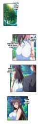 1boy 1girls blue-senpai blush breasts brown_hair closed_eyes comic dress english_text faceless_male high_school_dxd hyoudou_issei large_breasts long_hair outdoors purple_eyes raynare white_dress