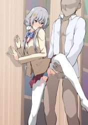 1boy absurdres artist_request blue_panties clothing_aside faceless faceless_male female grey_hair highres non-web_source panties panties_aside pantyhose sakuragi_gakuen_iyashi-bu sasaki_ezora school_uniform sex source_request standing standing_sex tagme torn_clothes torn_pantyhose underwear white_pantyhose