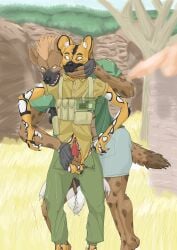 absurd_res african_wild_dog animal_genitalia animal_penis anthro brown_body brown_fur bulletproof_vest canid canine canine_genitalia canine_penis clothed clothing devarg dipstick_tail duo facial_markings female finger_in_mouth fur genitals gun head_markings hi_res holding_penis hyena kriss_(devarg) larger_female male male/female mammal markings mohawk mp7 muzzle_(marking) penis ranged_weapon shocked size_difference spots spotted_body spotted_fur spotted_hyena tactical_gear tail tail_markings weapon white_markings yellow_body yellow_fur