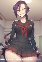 ai_generated big_breasts big_thighs blush huge_thighs magane_chikujouin purple_hair re:creators school_uniform sharp_teeth wanuze wide_hips yellow_eyes