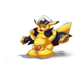 anthro artist_ls404 balls big_balls big_penis bodily_fluids bulge captain claws fur generation_1_pokemon genital_fluids genitals huge_balls huge_cock hyper hyper_balls hyper_genitalia hyper_penis male nintendo nsfw nude penis pikachu pokemon pokemon_(species) solo step_pose tail thorns yellow_body yellow_fur