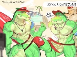 abs anthro asphyxiation beanbagdump biceps blush bodily_fluids bulge clothing crocodile crocodilian drowning duo english_text erection erection_under_clothing genital_fluids genitals hat headgear headwear hi_res lifeguard male male/male muscular muscular_anthro muscular_male neckwear nipples one_eye_closed palm_tree pecs penis plant precum precum_through_clothing precum_through_underwear red_clothing red_speedo red_swimwear reptile scalie sex speedo surfboard swimming_pool swimwear tail text tree underwear underwear_sex visor_cap water wet wet_clothing whistle_(object) wink