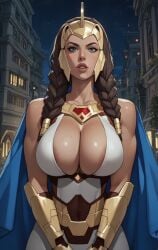 adult adult_female ai ai_generated blue_eyes brown_hair cartoon cartoon_character cleavage eepol invincible invincible_(tv_series) looking_at_viewer superheroine war_woman yuri