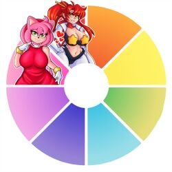 2girls amy_rose big_breasts breasts davidga12rg green_eyes hand_on_hip huge_breasts large_breasts long_hair pink_fur red_hair solo sonic_(series) space_yoko tengen_toppa_gurren_lagann thick_thighs thighs wide_hips yellow_eyes yoko_littner