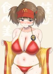 1girls apology bikini blush blushing breasts_bigger_than_head double_cheese_(mcdonald's) full-face_blush huge_breasts mcdonald's neoteny presenting red_bikini steam steaming_body sweat sweaty thick_thighs undressing yellow_trim