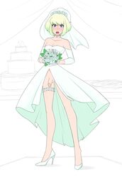 1boy androgynous blonde_hair blush bob_cut bouquet bride choker crossdressing femboy feminine_male flowers garter girly heels high_heels leg_garter lio_fotia male male_bride male_only penis_out penis_under_dress promare purple_eyes sealguy small_penis solo sweat trap wedding wedding_dress wedding_veil