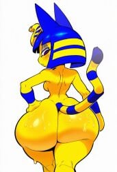ai_generated animal_crossing ankha ankha_(animal_crossing) ass ass_bigger_than_head back_view big_ass big_butt blue_fur blue_hair cat_ears cat_girl cat_tail curvy fat_ass female female_only furry furry_female hand_on_hip huge_ass looking_back simple_background small_breasts sweat walking white_background wide_hips yellow_fur