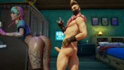 1boy 1boy1girl 3d ass bedroom before_sex blonde_hair colorful_hair dick drift_(fortnite) female fortnite hand_sign human looking_at_viewer looking_back male_ass male_naked masked_male mowhawk no_pants only_shirt pink_hair pleasure_face presenting selene_(fortnite) straight summer_drift tattoos tongue_out twintails