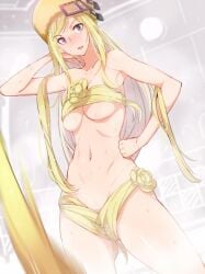 amami_amayu blonde_hair blush breasts exposed_belly guilty_gear guilty_gear_xrd hair_bikini hair_over_breasts hair_over_crotch hair_over_pussy hair_swimsuit hand_on_hip hat large_breasts long_hair millia_rage navel shower sweatdrop very_long_hair