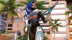 blue_hair bodysuit curves cyberpunk exposed_nipples futuristic futuristic_armor glowing_lines nsfw overwatch sci-fi sombra