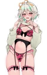 1girls acedia blush bra cecilia_immergreen doll_joints embarrassed flying_sweatdrops garter_belt green_eyes green_hair grey_hair highres hololive hololive_english joints looking_at_viewer multicolored_hair navel open_mouth panties pink_bra pink_panties short_hair simple_background streaked_hair sweat underwear virtual_youtuber white_background winding_key
