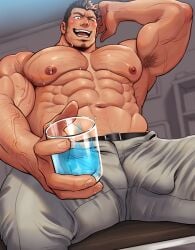 1boy abs arm_hair armpit_hair armpits arms_up bara beard_stubble beefy biceps big_areola big_breasts big_bulge blue_liquid blurry_background blush brown_eyes brown_hair bulge bulge_through_clothing chest_hair daddy dilf frown gay genital_outline glass glass_cup happy_trail hi_res holding_glass hunk indoors jewelry laugh looking_at_viewer male male_breasts male_only manly married mature_male muchiyukichan muscles muscular muscular_arms muscular_male navel one_eye_closed open_mouth oppai original original_character pecs ring sanpaku short_hair sitting sitting_on_couch six_pack small_pupils spread_legs sweat sweatdrop thick_arms thick_eyebrows thick_thighs topless tough_guy triceps veiny_arms yaoi