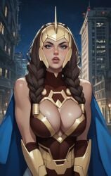 adult adult_female ai ai_generated blue_eyes brown_hair cartoon cartoon_character cleavage eepol invincible invincible_(tv_series) looking_at_viewer superheroine war_woman yuri