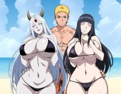 1boy 2girls big_breasts bikini black_hair blonde_hair blue_eyes boruto:_naruto_next_generations breasts female female_only gilf horn horns hourglass_figure huge_breasts hyuuga_hinata large_breasts long_hair milf multiple_girls naruto naruto_shippuden otsutsuki_kaguya swimsuit uzumaki_naruto white_hair wide_hips yxyyxy