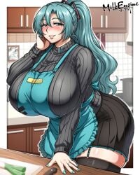 1girls aged_up alternate_age alternate_hairstyle blue_hair female grown_up hatsune_miku hatsune_milf-ku kyosuke_fujiwara looking_at_viewer milf ponytail tagme