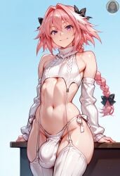 1boy ai_generated astolfo_(fate) bulge bulge_through_clothing crossdressing fate/grand_order fate_(series) femboy flat_belly flat_chest girly virgin_destroyer_sweater virgin_killer_sweater yo0001