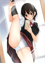 1girls black_socks black_vest breasts brown_eyes brown_hair cellphone collared_shirt commentary_request cowboy_shot day dojirou duplicate female highres holding holding_phone indoors kneehighs leg_hold looking_at_phone medium_breasts miniskirt mirror mirror_selfie neckerchief original panties parted_lips phone pixel-perfect_duplicate plaid_clothes plaid_skirt pleated_skirt red_neckerchief red_skirt reflection reflection_focus ribbed_socks school_uniform selfie shirt short_hair short_sleeves skirt smartphone socks solo split spread_legs standing standing_on_one_leg standing_split sunlight thighs underwear upskirt vest white_panties white_shirt window