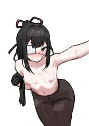 1girls black_eyes black_hair blush cat___nip eyepatch female gloves hair_ornament library_of_ruina long_hair looking_at_viewer one_eye_obstructed pantyhose partially_clothed presenting project_moon pubic_hair pussy ribbon solo sweat tenma_(library_of_ruina) thick_thighs white_background