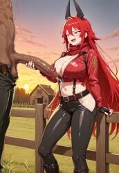 1boy 1girls ai_generated cleavage cum cum_on_breasts dark-skinned_male ejaculation goddess_of_victory:_nikke handjob holding_penis interracial long_penis looking_at_penis outdoors red_hair red_hood_(nikke) self_upload tagme teasing