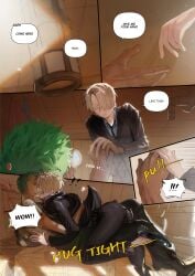 2boys blonde_hair boat_interior business_suit comic detailed_background embrace english_text fully_clothed gay green_hair hair_over_one_eye male male_only olu1132 one_piece pre-timeskip roronoa_zoro ship_interior suit surprised tight_pants vinsmoke_sanji yaoi