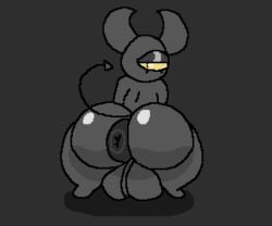 anus ass backsack balls big_balls big_butt black_anus dyzzy_(nxyitn) genitals grey_body horn imp looking_back male nxyitn puffy_anus solo spade_tail tail thick_thighs