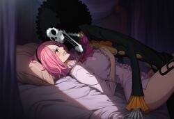 1boy 1girls accurate_art_style age_difference ai_generated angry angry_face ass ass_focus big_ass big_breasts blush brook_(one_piece) clothed clothed_sex clothing doggy_style erect_nipples female hourglass_figure lips male missionary_position monster one_piece pink_hair plump plump_lips raped raped_by_monster sex size_difference skeleton tattoo tattoo_on_legs vinsmoke_reiju wide_hips