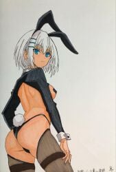 2d 2d_(artwork) ass blue_eyes breasts bunny_ears date_a_live light-skinned_female pasties short_hair solo solo_female tan_body thighs tobiichi_origami white_hair