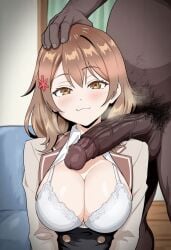 1boy 1boy1girl 1girl :3 ai_generated blush bra brown_eyes brown_hair dark-skinned_male fat_man female hairy_male imminent_fellatio imminent_oral indoors interracial large_breasts large_penis looking_at_viewer male/female male_pubic_hair maria_mikhailovna_kujou naughty_face netorare ntr open_mouth room russian_girl school_uniform smell smelly_cock straight testicles tokidoki_bosotto_russian_de_dereru_tonari_no_alya-san veiny_penis waroffree white_bra