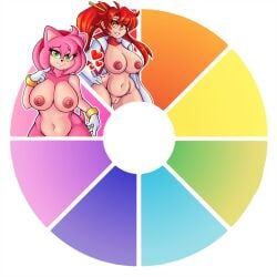 2girls amy_rose big_breasts breasts davidga12rg green_eyes hand_on_hip huge_breasts large_breasts long_hair nipples nude nude_female pink_fur pussy red_hair solo sonic_(series) space_yoko tengen_toppa_gurren_lagann thick_thighs thighs wide_hips yellow_eyes yoko_littner