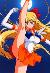 1girls ai_generated alluring bishoujo_senshi_sailor_moon blonde_hair blue_eyes hair_ribbon kick kicking leg_lift minako_aino panties pantyshot sailor_senshi_uniform sailor_venus skirt upskirt wolf_(artist)