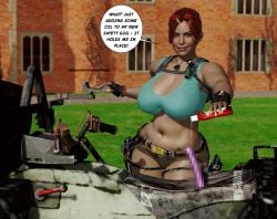 3d brunette busty censored censored_dildo cleavage dildo eleven_(artist) female female_focus female_only horny_female hourglass_figure lara_croft lara_croft_(classic) motorcycle shameless smirk smirking speech_bubble tagme tomb_raider wide_hips