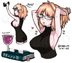 arcueid_brunestud belaweb123 big_breasts blonde_hair blush book breast_focus breasts dialogue english_text enormous_breasts female glasses huge_breasts large_breasts melty_blood no_bra red_eyes short_hair sparkle sweat text top_heavy tsukihime type-moon upper_body white_background wine wine_glass