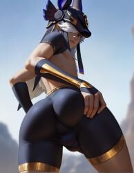 1boy ai_generated ass ass_focus ass_grab bike_shorts butt_grab cyno_(genshin_impact) dark-skinned_femboy femboy gay genitals genshin_impact grabbing_own_ass looking_at_viewer looking_back male male_focus nipples presenting skin_tight solo solo_male tight_clothing trap twink yaoi