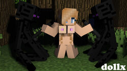 2boys 3d big_breasts big_penis black_skin blue_eyes cubic_breasts dollx enderman female forest handjob human minecraft monster night nude tagme