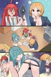 3girls ass buttplug cards cleavage female female_only nahia_(some1else45) no_bra oc phone playing_card some1else45 suit taking_picture