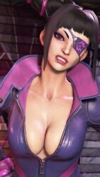 1girls 3d bangs big_breasts black_hair blunt_bangs bodysuit breasts busty capcom clavicle cleavage clenched_teeth clothed clothing collarbone eyepatch female juri_han large_breasts light-skinned_female light_skin looking_at_viewer one_eye_covered one_eye_obstructed purple_eyes sf_screenshot solo solo_female street_fighter street_fighter_6 teeth upper_body zipper zipper_down