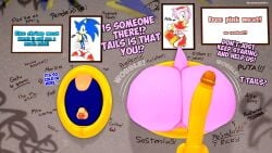 amy_rose anthro big_ass female glory_hole huge_cock imminent_sex jiggling_ass leviantan581re male micropenis penis_on_ass property small_penis_humiliation sonic_(series) sonic_the_hedgehog spanish_text stuck_in_wall tails tails_the_fox through_wall wall_writing