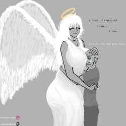 angel angel_wings big_ass big_breasts big_thighs comforting crying crying_with_eyes_open curvaceous curvy curvy_female curvy_figure dialogue halo hugging hugging_another jadedkat69 text voluptuous voluptuous_female white_wings wings