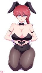 bare_arms bare_shoulders black_leotard blue_eyes blush body_blush braid breasts bunny_ears bunnysuit cleavage collarbone detached_collar huge_breasts leotard on_knees pantyhose parted_lips ranma-chan ranma_1/2 red_hair shiny_skin strapless_leotard thick_thighs thighs vlack wrist_cuffs