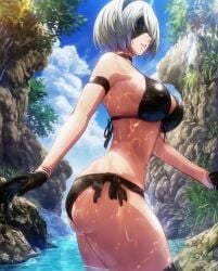 ai_generated bikini black_bikini blindfold nier:_automata nier_(series) outdoors tagme video video_game_character water white_hair yorha_2b